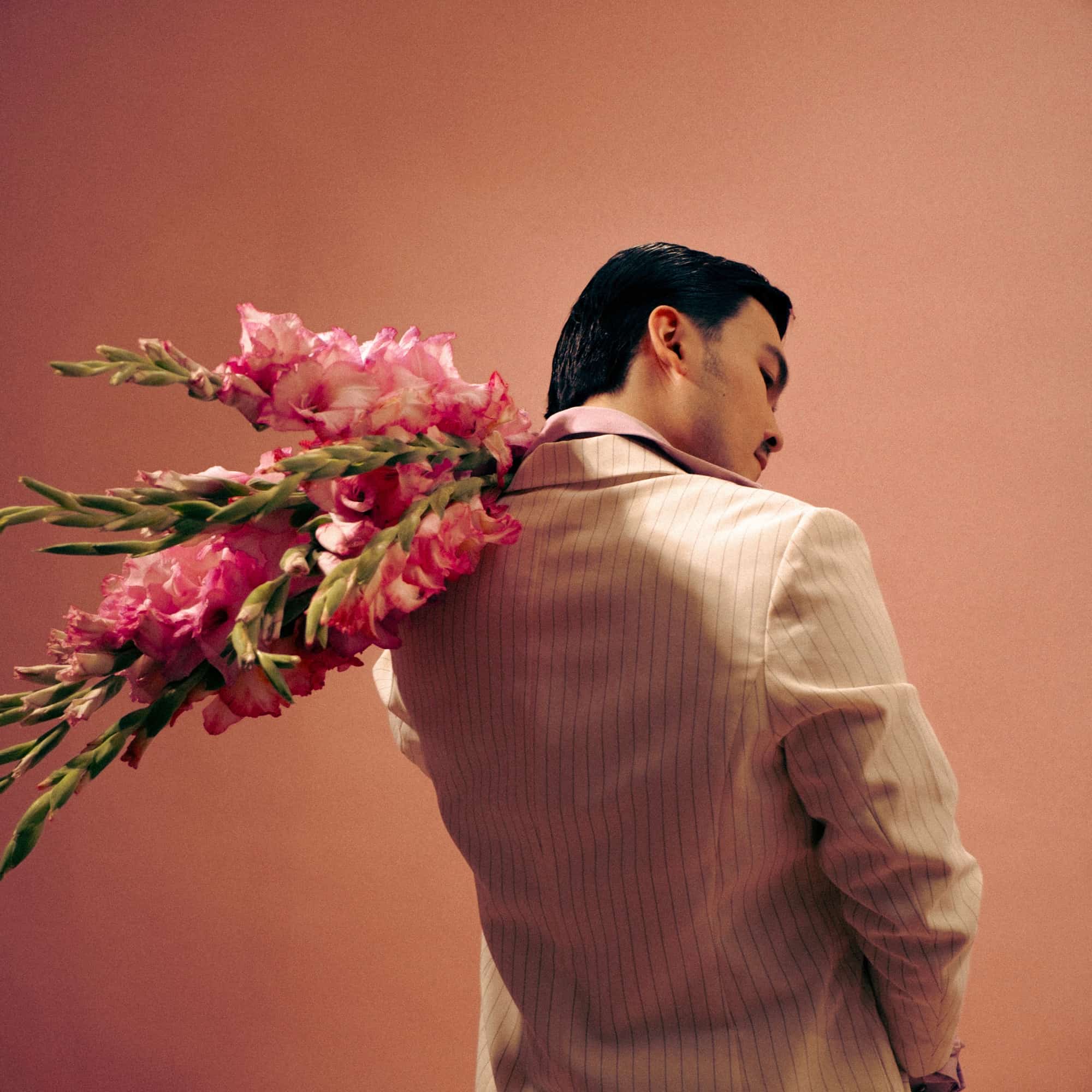 Almás from behind in a pinstripe suit, pink gladioli over his shoulder